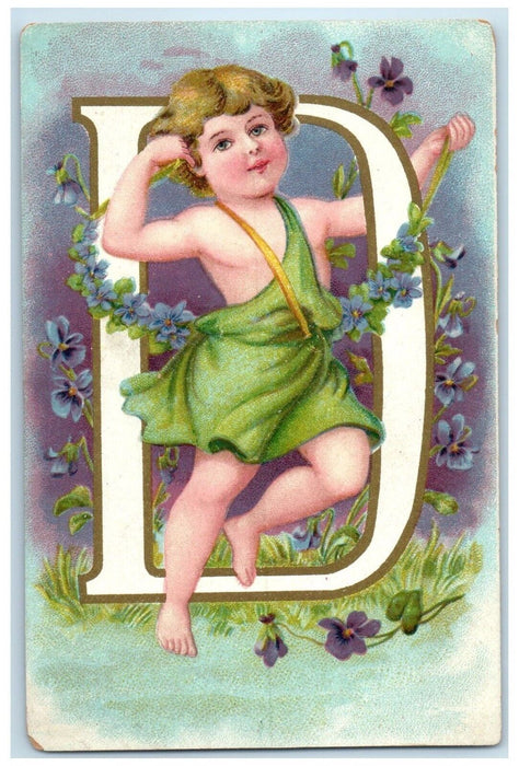 c1910's Little Boy D Large Letter Pansied Flowers Unposted Antique Postcard