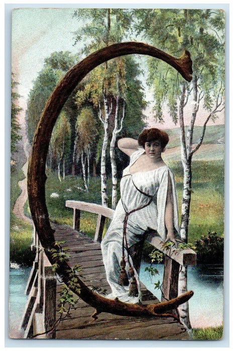 c1910's Fat Woman Posing Wooden Bridge C Large Letter Posted Antique Postcard