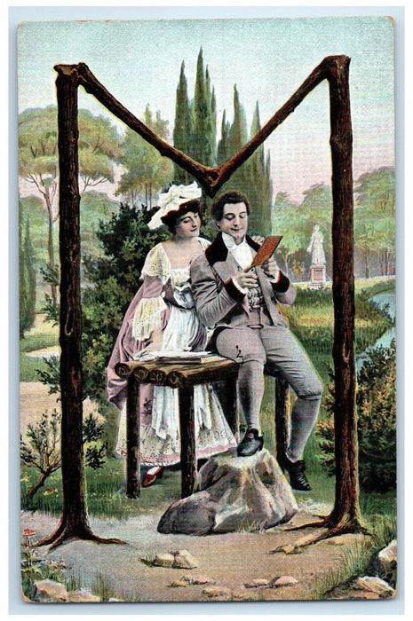 c1910's Large Letter M Sweet Couple Romance Statue Posted Antique Postcard