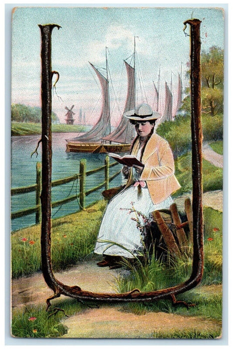 c1910's Large Letter U Woman Reading Book Sailboat Windmill Antique Postcard