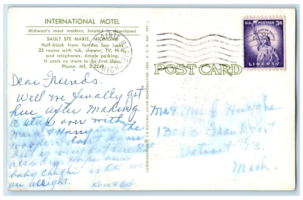 c1960 International Motel Building Sault Ste Marie Michigan MI Vintage Postcard