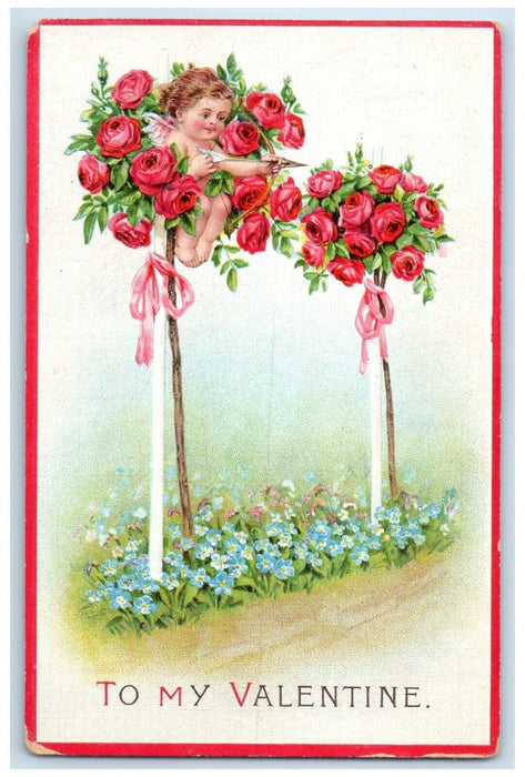 c1910's Valentine Cupid Angel Roses Flowers Trees Pansies Embossed Postcard