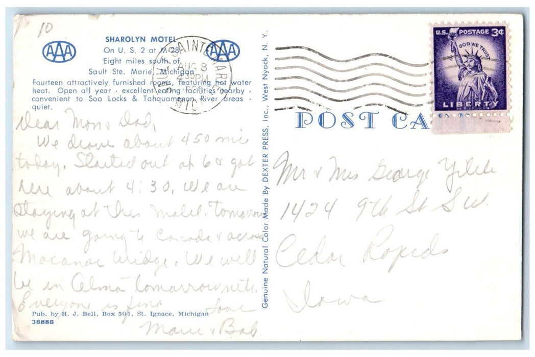c1960 Exterior View Sharolyn Motel Building Sault Ste Marie Michigan MI Postcard