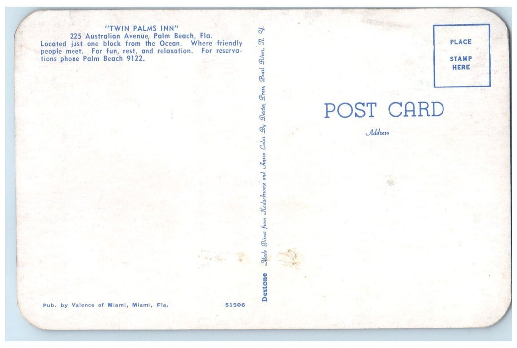 c1960 Exterior View Twin Palms Inn Building Palm Beach Florida Unposted Postcard