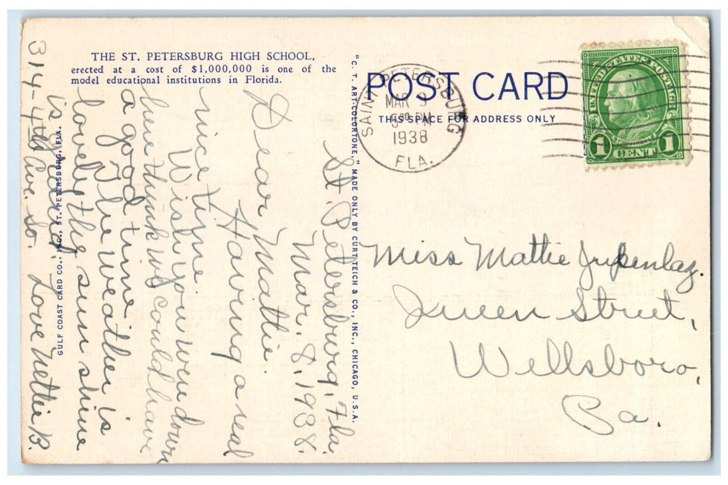 1938 St Petersburg high School Main Entrance St Petersburg Florida FL Postcard