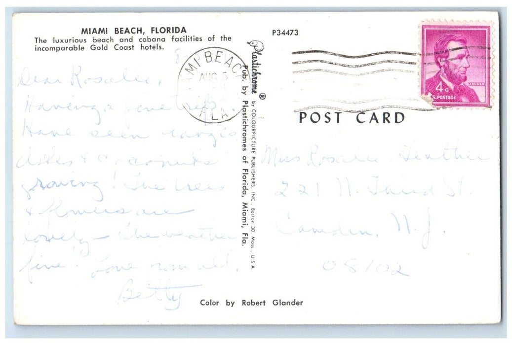 1960 Luxurious Beach Cabana Gold Coast Hotel Miami Beach Florida Posted Postcard
