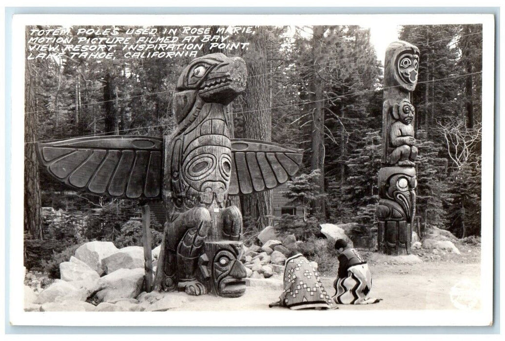 c1950's Totem Poles Fraschers Bay View Resort Lake Tahoe CA RPPC Photo Postcard