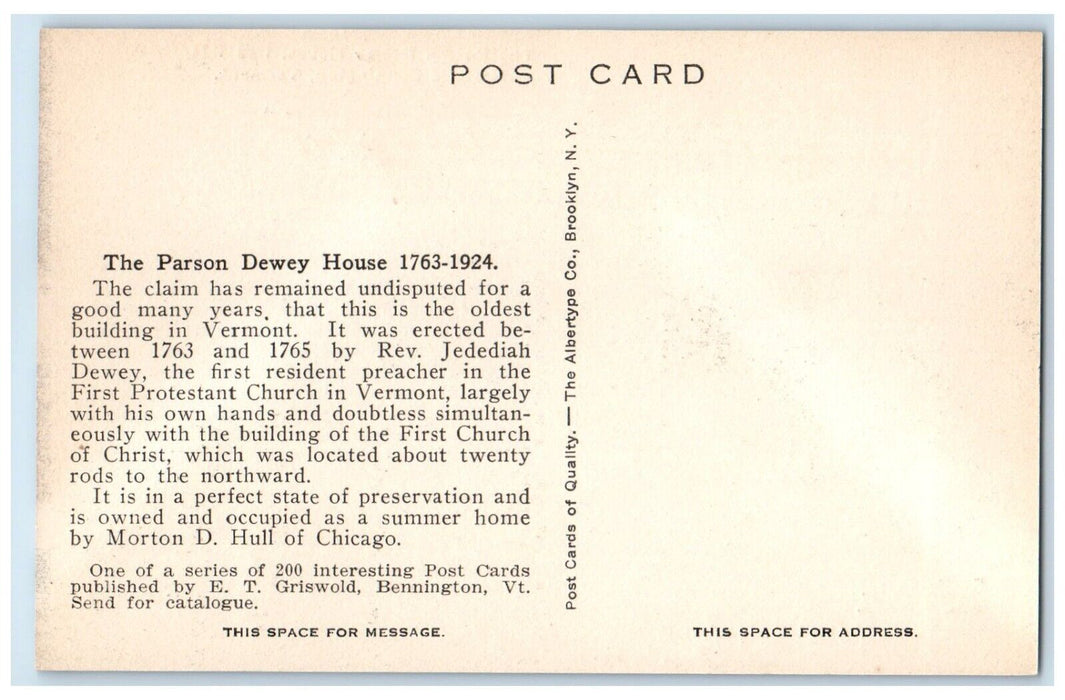 c1940 Parson Dewey House Historic Exterior Building Bennington Vermont Postcard