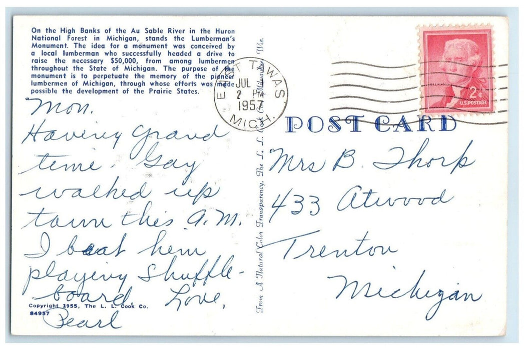 1957 Lumberman Monument Red Shirt Woman Au Sable River Michigan Vintage Postcard
