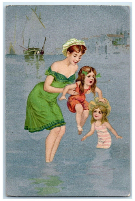 c1905 Mother And Daughters On Beach Steamboat Scene Nash Antique Postcard