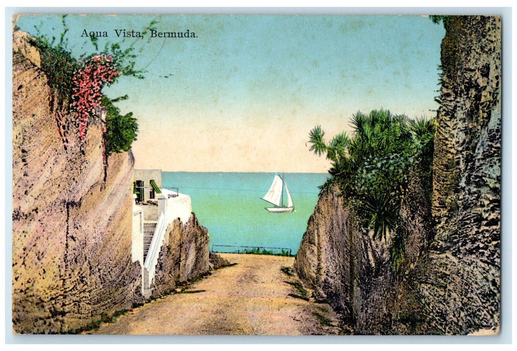 c1910 Scene of Sailboating Inclined Road Aqua Vista Bermuda Postcard