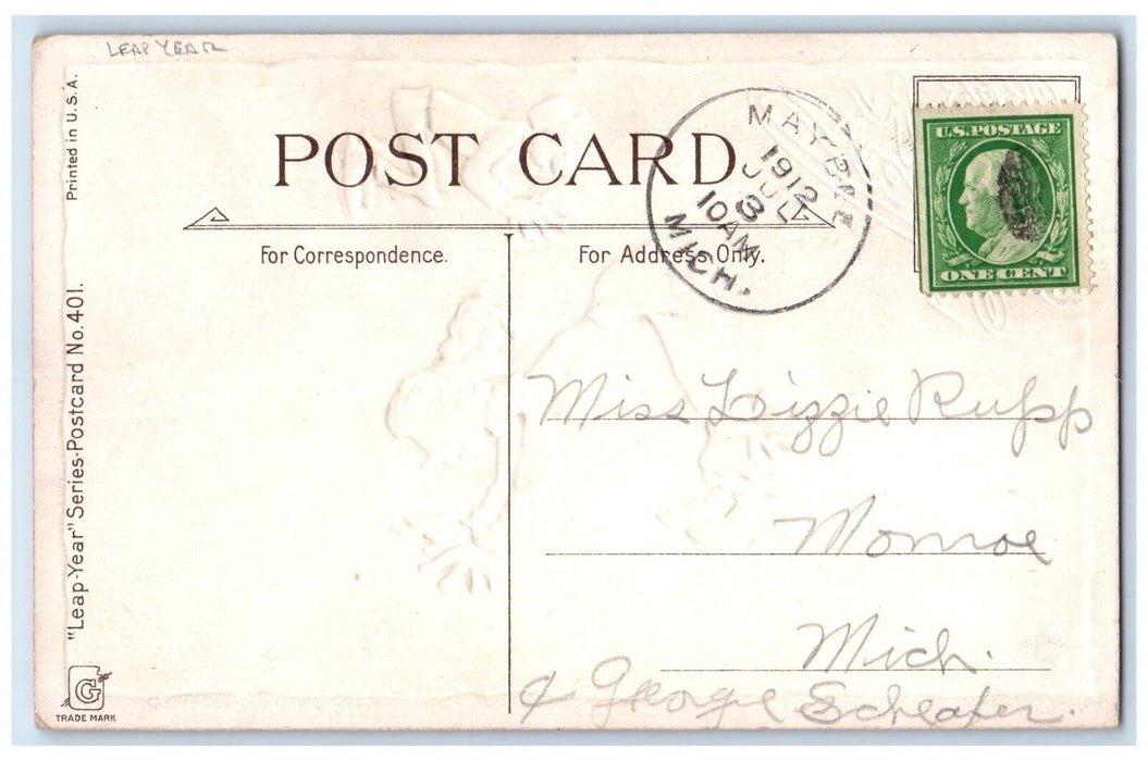 1912 Leap Year You'll Catch Him Yet Dwig Embossed Maybee Michigan MI Postcard