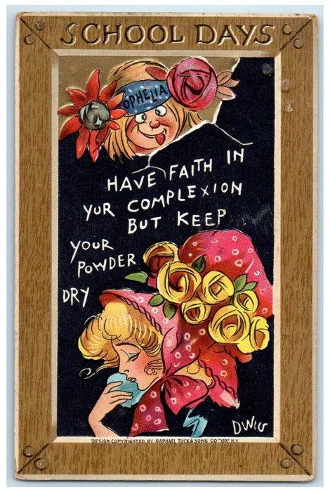 1913 School Days Ophelia Girl Powder Dry Floral Bonnet Tuck's Embossed Postcard