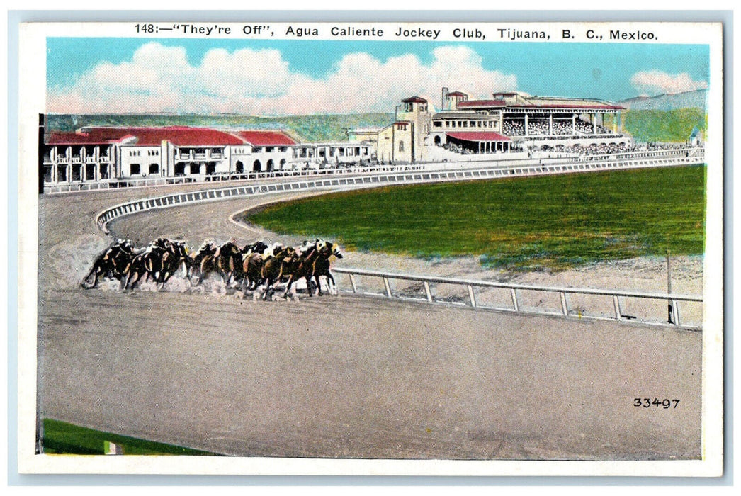 c1930's They're Off Agua Caliente Jockey Club Tijuana BC Mexico Antique Postcard