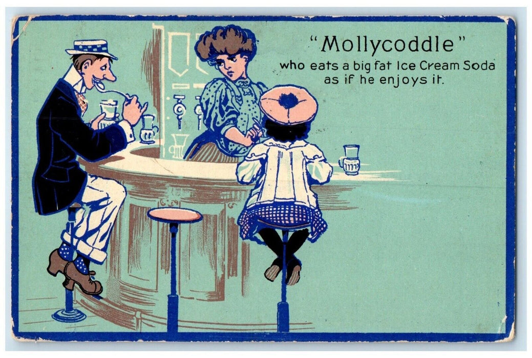 1912 Mollycoddle Man Eats Big Fat Ice Cream Soda Kirksville Missouri MO Postcard