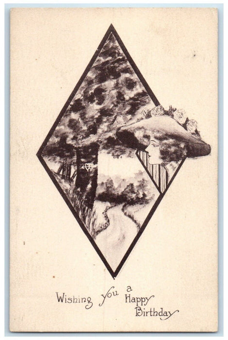 1909 Happy Birthday Pretty Woman Trees Stockton Illinois IL Antique Postcard