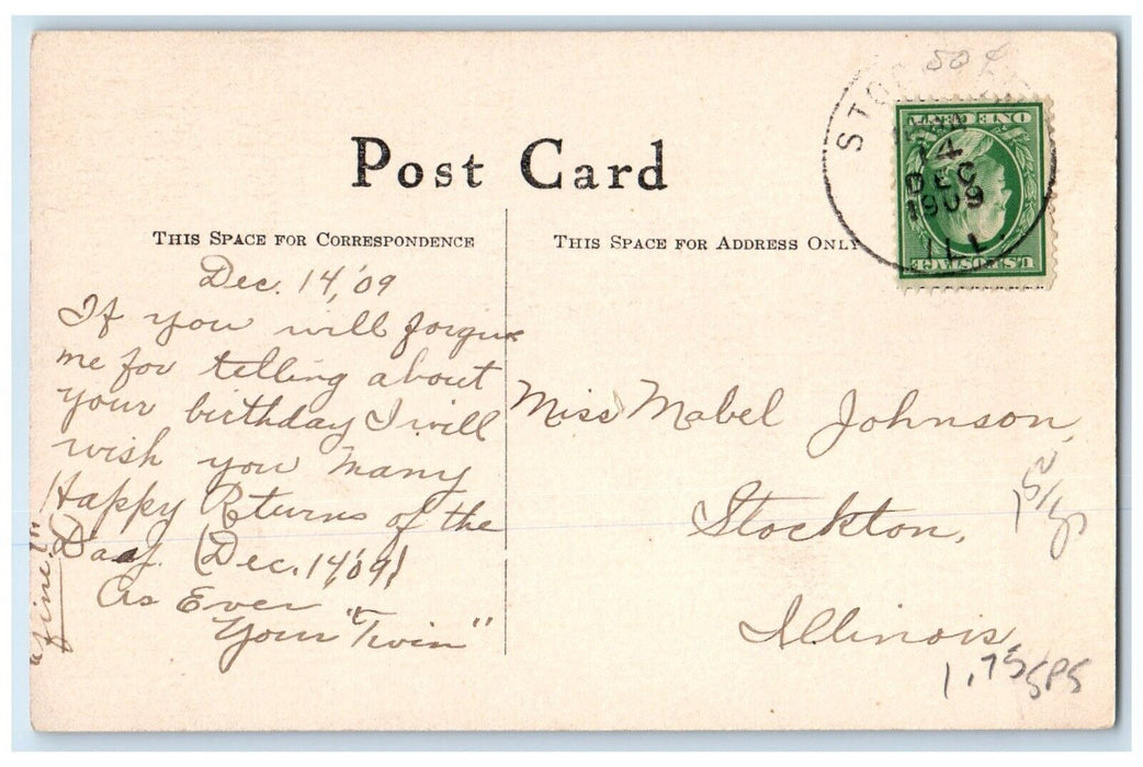 1909 Happy Birthday Pretty Woman Trees Stockton Illinois IL Antique Postcard