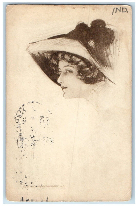 1911 Pretty Woman Curly Hair Big Hat Elkhart Indiana IN Posted Antique Postcard