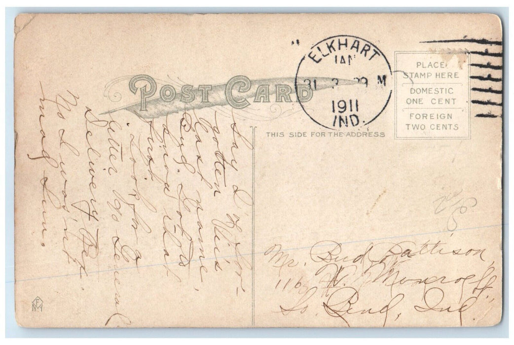 1911 Pretty Woman Curly Hair Big Hat Elkhart Indiana IN Posted Antique Postcard