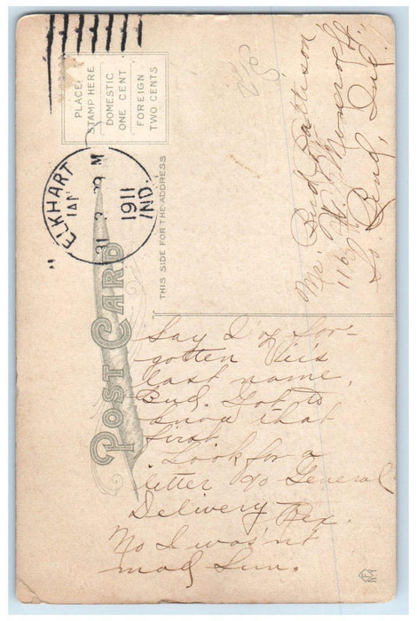 1911 Pretty Woman Curly Hair Big Hat Elkhart Indiana IN Posted Antique Postcard