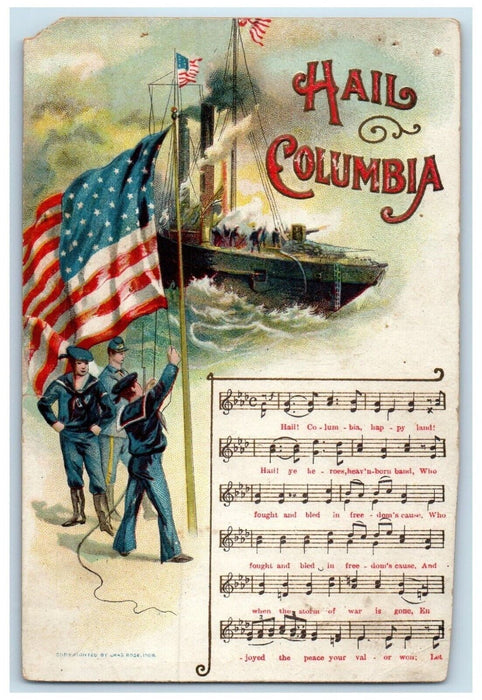 c1910's Sailor Patriotic Hall Columbia Steamer Ship Embossed Antique Postcard