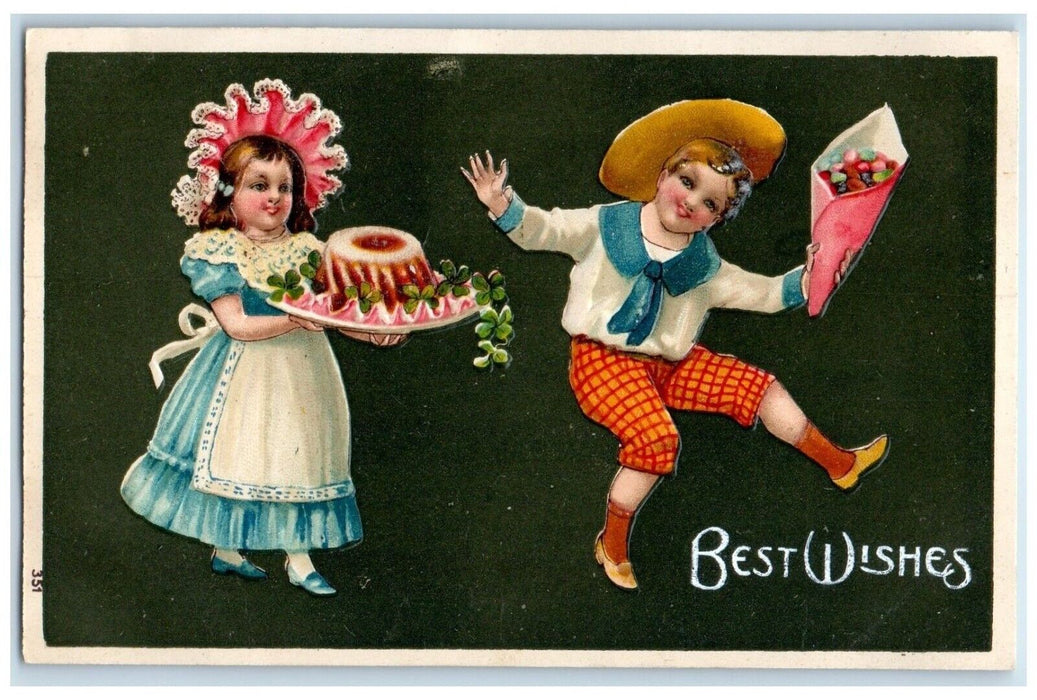 Best Wishes Children Holding Pie Shamrocks Embossed Unposted Antique Postcard