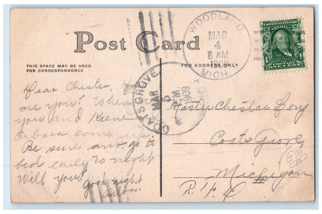 1909 Little Girl Curly Red Hair Holding Candle Woodland Michigan MI Postcard