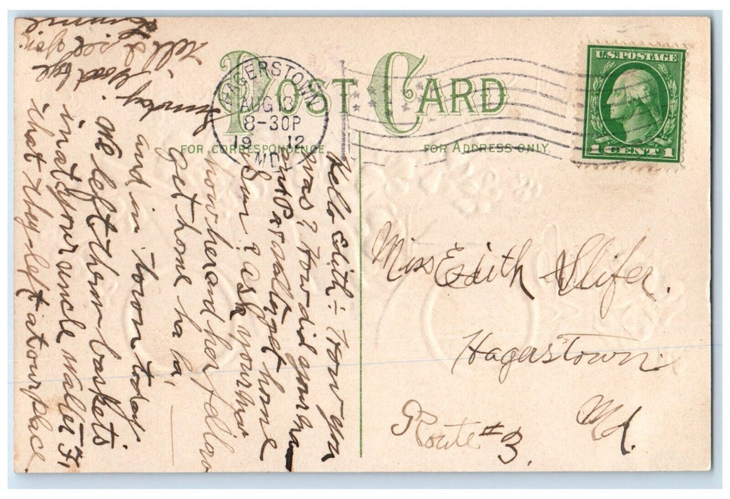 1912 As Time Rolls On Car Clock Flowers Embossed Hagerstown Maryland MD Postcard