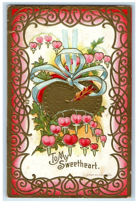 c1910's Valentine Hanging Big Heart Embossed Posted Antique Postcard