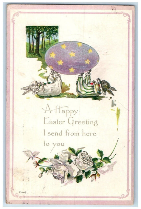 1917 Easter Greeting Anthropomorphic Rabbit Egg White Flowers Embossed Postcard