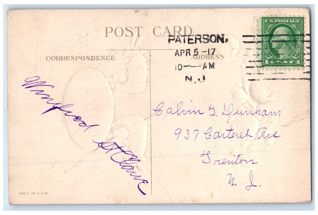 1917 Easter Greeting Anthropomorphic Rabbit Egg White Flowers Embossed Postcard