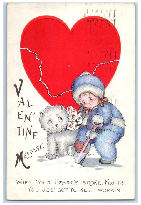 1923 Valentine Message Little Girl Shovel Cat Giant Heart Harrisburg PA Postcard