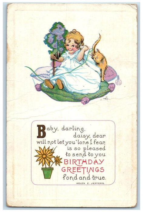 1915 Birthday Greetings Little Girl Telephone Cat Elkhart Indiana IN Postcard