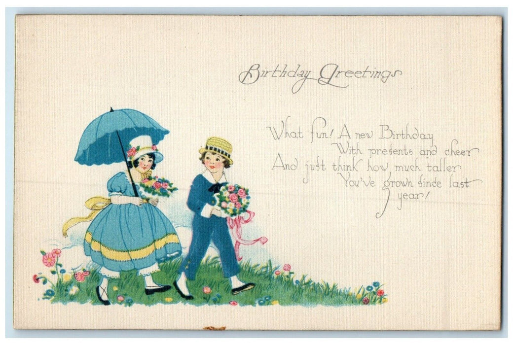 c1910's Birthday Greetings Children Holding Flowers Bouquet Antique Postcard