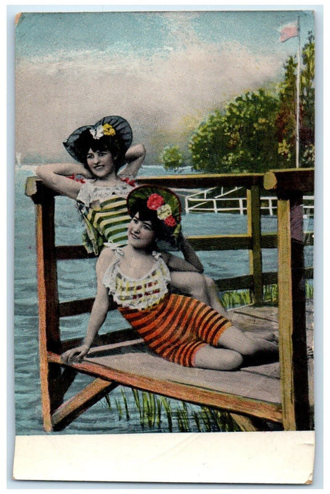 c1910's Beach Bathing Beauties Stripe Swimsuit Floral Hat Antique Postcard