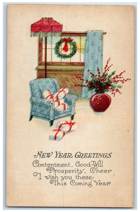 c1910's New Year Greetings Wreath Window Gifts Unposted Antique Postcard