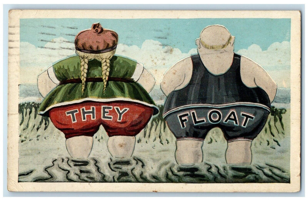 1921 Fat Man And Woman On Beach Ocean Grove New Jersey NJ Vintage Postcard