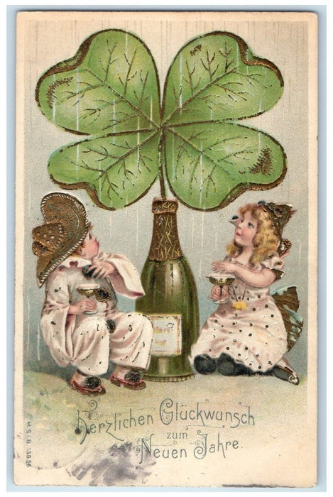 c1910's New Year Children Champagne Giant Shamrock Embossed Antique Postcard