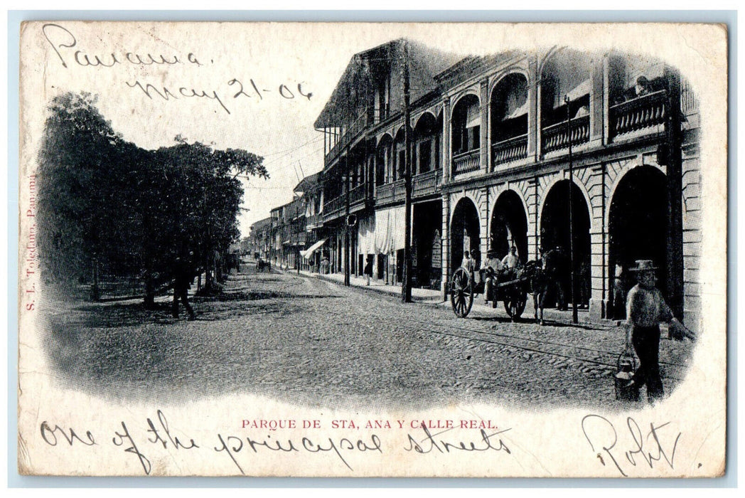 1906 Santa Ana Park & Real Street Panama Horse Carriage Posted Antique Postcard