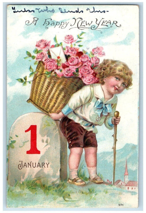 c1910's New Year Boy With Basket Roses Flowers Embossed Posted Antique Postcard