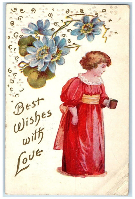 1908 Best Wishes Woman Holding Cup Flowers Embossed Posted Antique Postcard