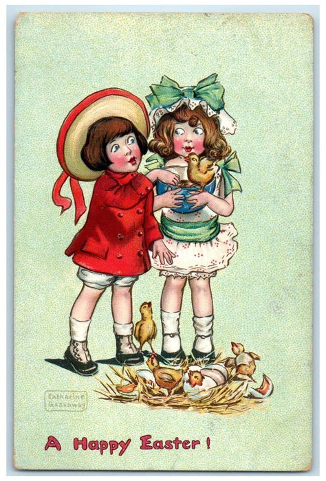 1908 Happy Easter Little Girls Chicks Hatched Eggs Embossed Tuck's Postcard