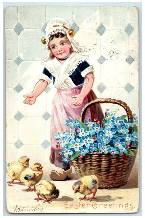 Easter Greetings Dutch Girl Chicks Pansies Flowers Basket Harrisburg PA Postcard