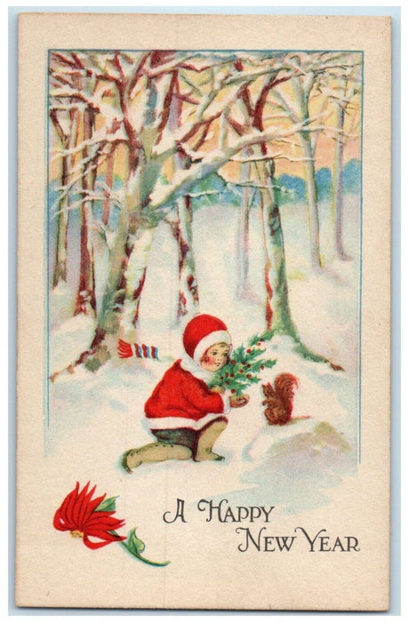 c1910's New Year Little Boy Holly Berries Squirrel Winter Poinsettia Postcard