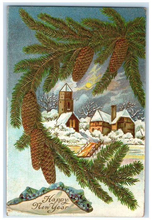 1910 Happy New Year Pine Cone House Winter Embossed Brooklyn NY Antique Postcard