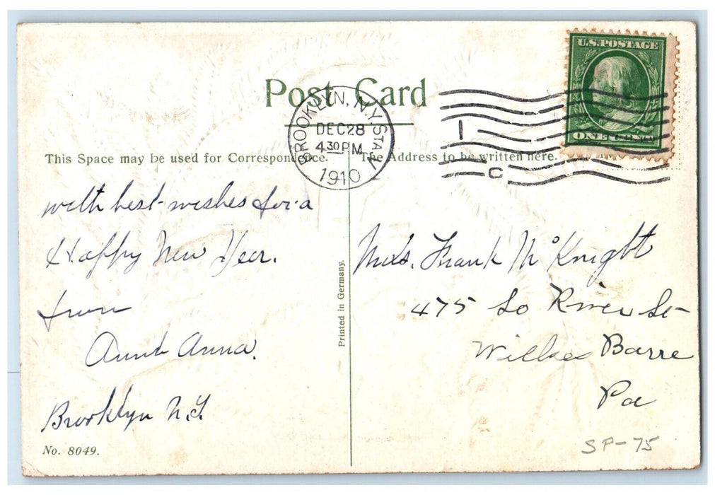 1910 Happy New Year Pine Cone House Winter Embossed Brooklyn NY Antique Postcard