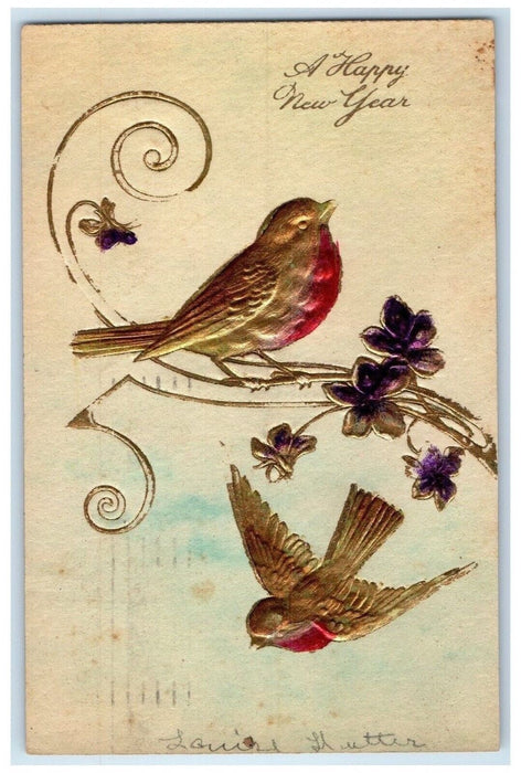 1908 Happy New Year Birds Flowers Embossed Brooklyn New York NY Antique Postcard