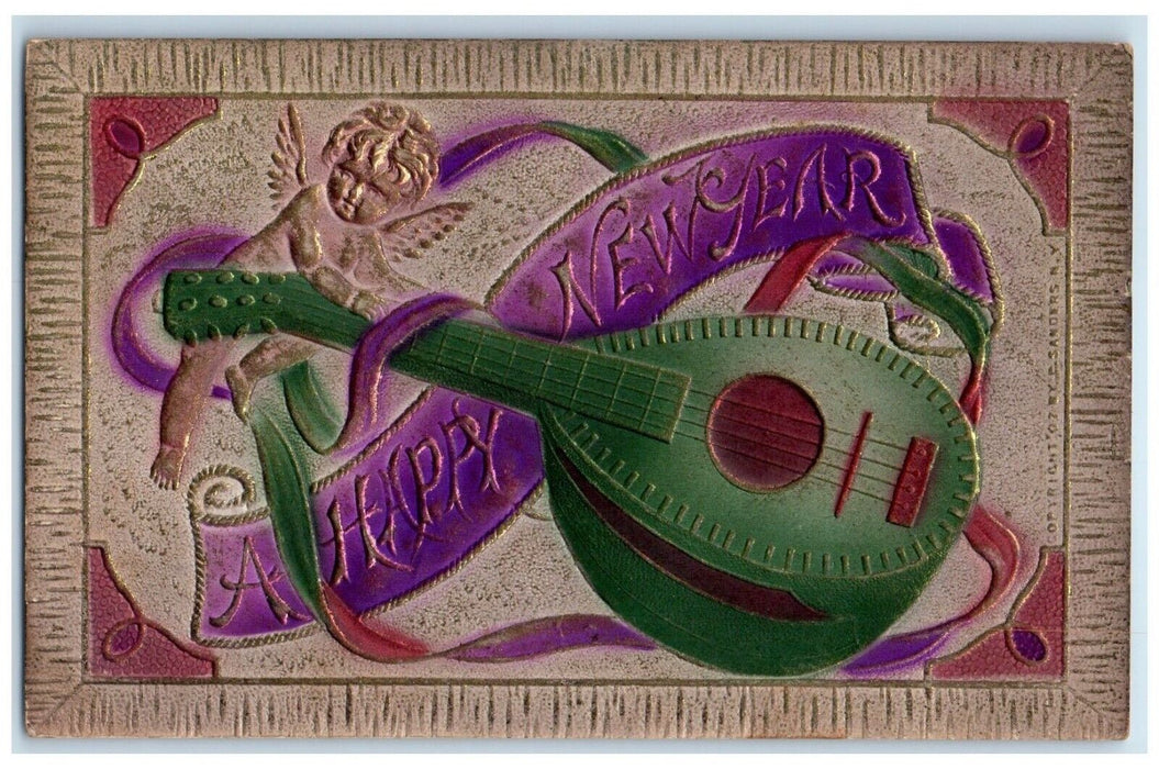 1910 Happy New Year Angel UTE Guitar Airbrushed Brooklyn New York NY Postcard