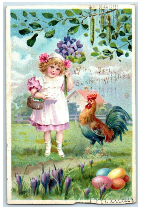 1907 Easter Wishes Little Girl Flowers Rooster Eggs Tuck's Brooklyn NY Postcard