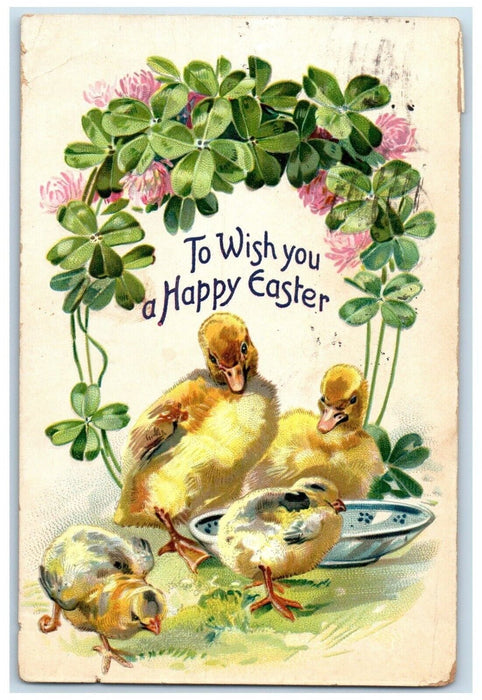 1908 Happy Easter Chicks Flowers Shamrocks Embossed Brooklyn NY Tuck's Postcard